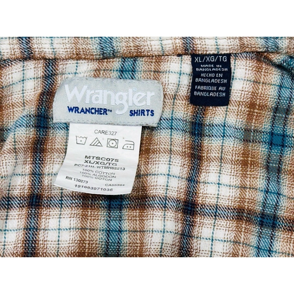 NWOT Wrangler Western Pearl Snap Flannel‎ Shirt Men's XL Brown Blue Plaid - Picture 9 of 11